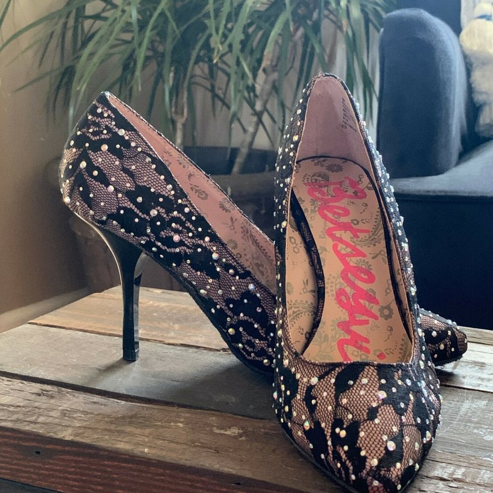 Betsyville lace black purple rhinestones womens high heel shoes SZ 6 M